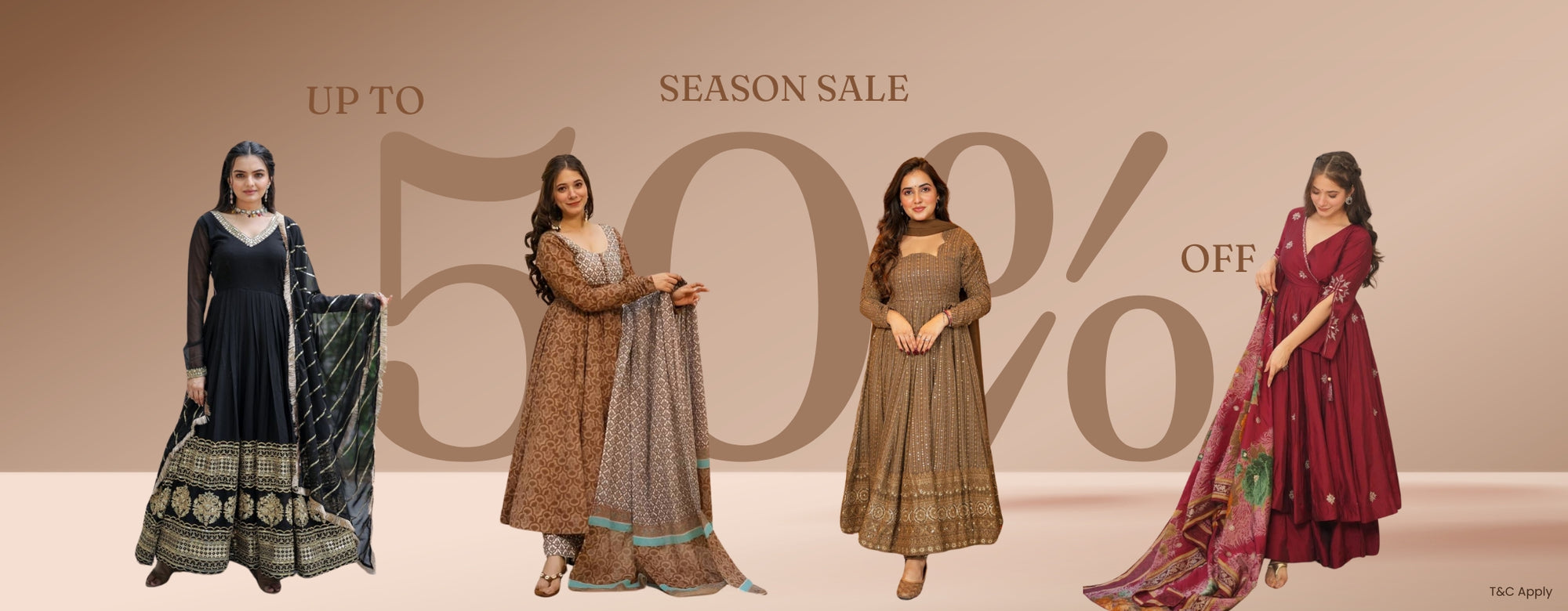 Promotional banner for a season sale with models in traditional outfits and large text displaying discount information.