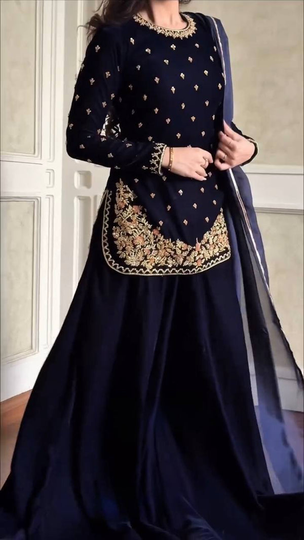 Blue Viscos Velvet Embroidery Fancy suit set