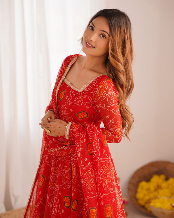 Bandhej Red Soft Chiffon Forest Designer Anarkali Gown