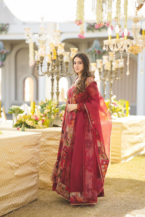 Salisha Red Malti Color Anarkali Suit Set