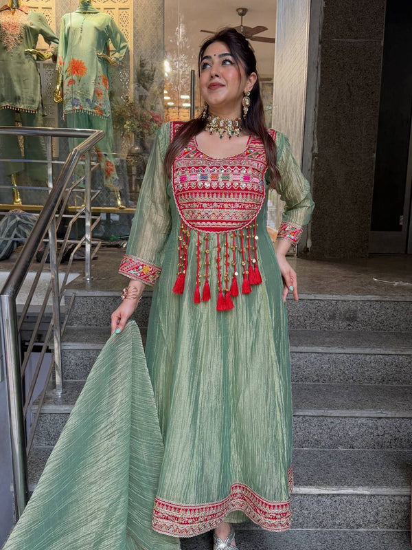 Sage Green Hand Work Anarkali Suit Set with Dupatta