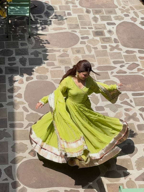 Lime Green Flared Anarkali Suit Set with Dupatta