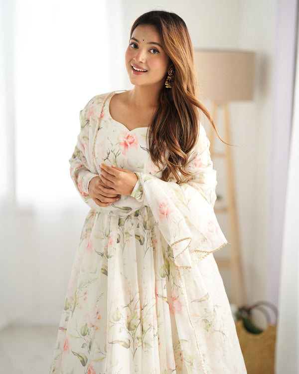 Maitri White Floral Digital Printed Pure Organza Anarkali Gown