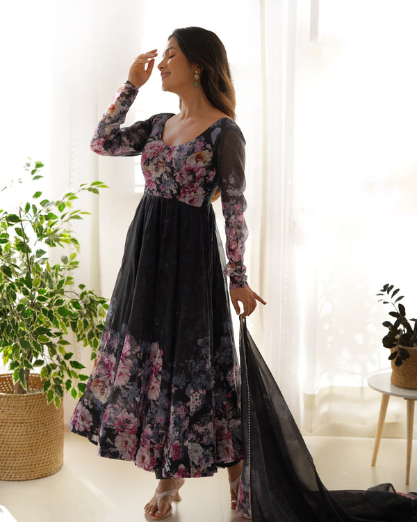 Sakura Printed Pure Soft Organza Jade Black Anarkali Gown
