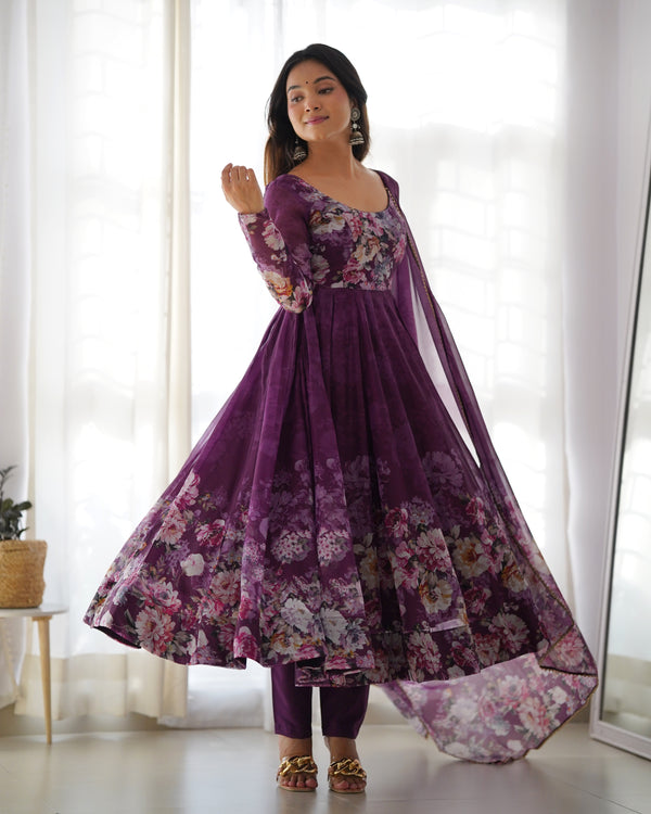Sakura Printed Pure Soft Organza Jade Wine Anarkali Gown