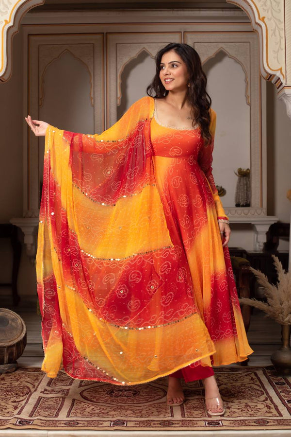 Orange Designer Bandhni Anarkali Suit Set