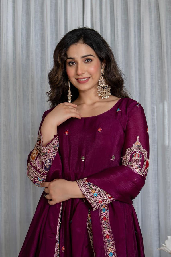 Tulip Wine Designer Cinon Silk Anarkali Suit Set