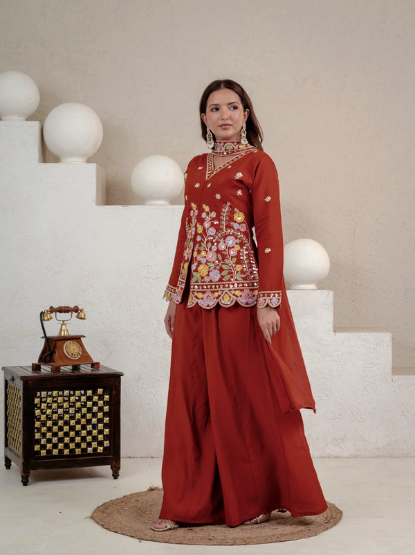 Riya Classic Rust Embroidered Ethnic Palazzo Suit Set