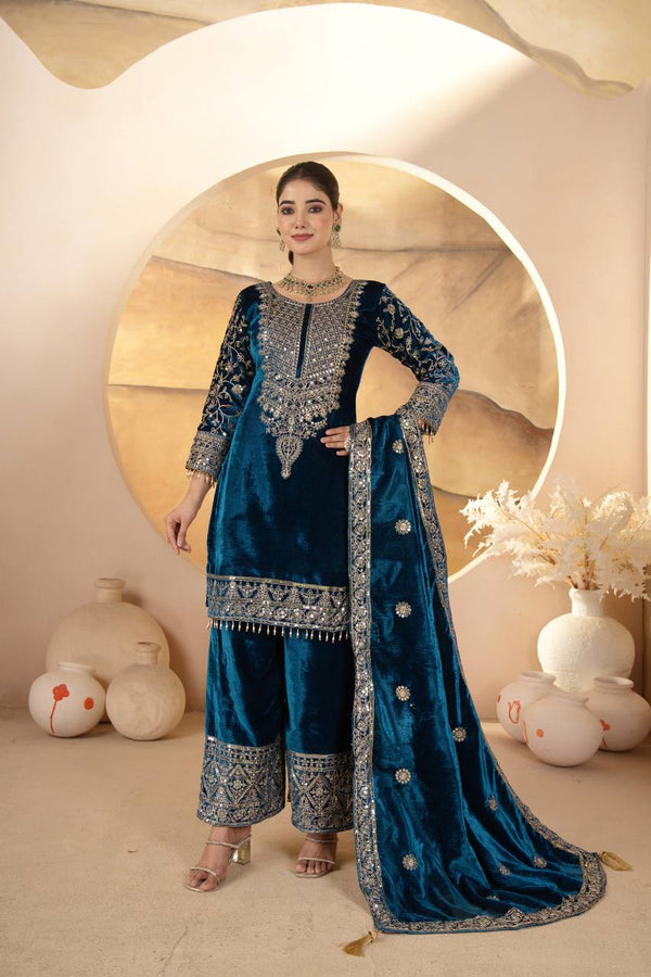 Blue Velvet Anarkali Suit Set with Dupatta