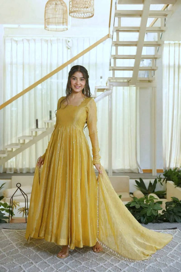 Mustard Yellow Flared Anarkali Suit with Embellished Dupatta