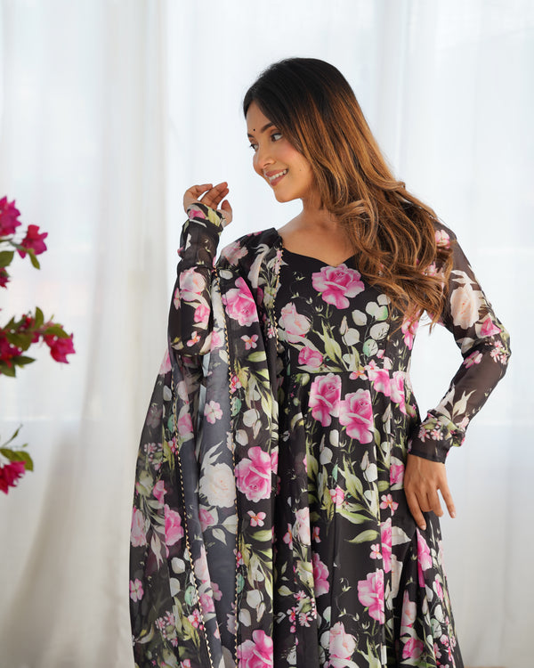 Maitri Black Floral Digital Printed Pure Organza Anarkali Gown