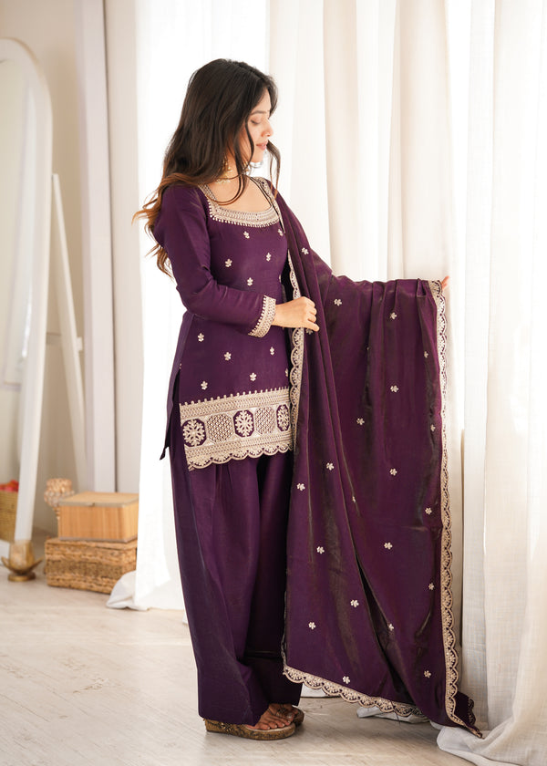 Women's Purple Embroidered Punjabi Suit Set with Dupatta