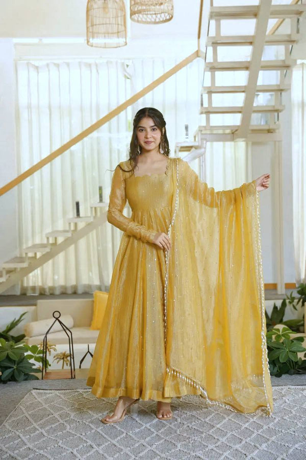 Mustard Yellow Flared Anarkali Suit with Embellished Dupatta