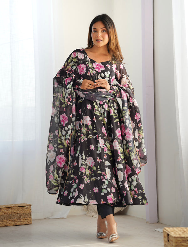 Maitri Black Floral Digital Printed Pure Organza Anarkali Gown