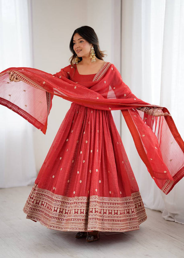 Trending Red Pure Crunchy Silk Anarkali Gown
