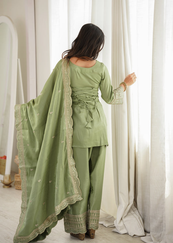 Sage Green Embroidered Kurta Set with Dupatta & Patiala Pants