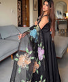 Classic Black Flared Anarkali with Brush Printed Tabby silk Dupatta