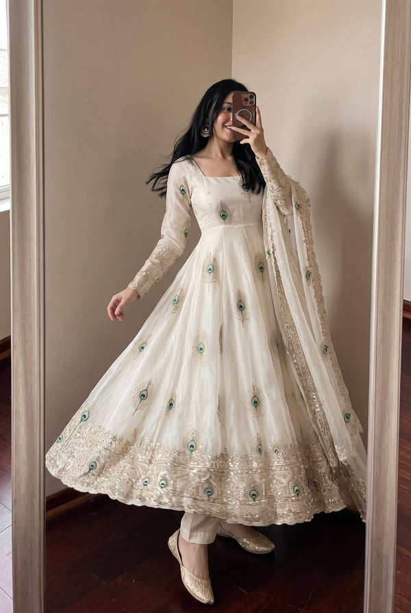 White Peacock Embroidered Trendy Anarkali Suit Set with Dupatta