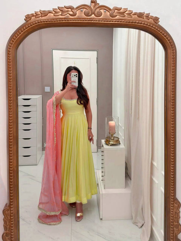 Yellow Anarkali Suit Set with Pink Dupatta Festive & Wedding Wear