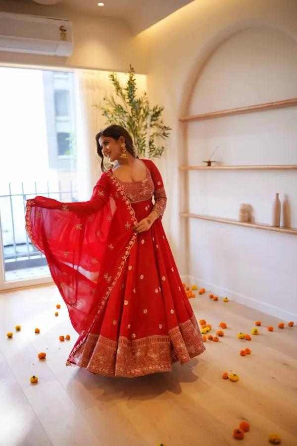 Royal Red Trendy Anarkali Gown with Dupatta