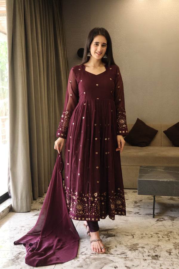 Vibhuti's Wine Coloured Anarkali Suit Set