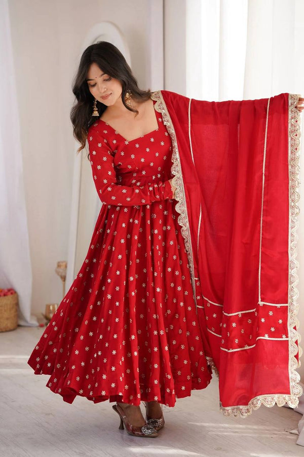 Women's Red Flared Anarkali Suit Set with Embroidered Dupatta