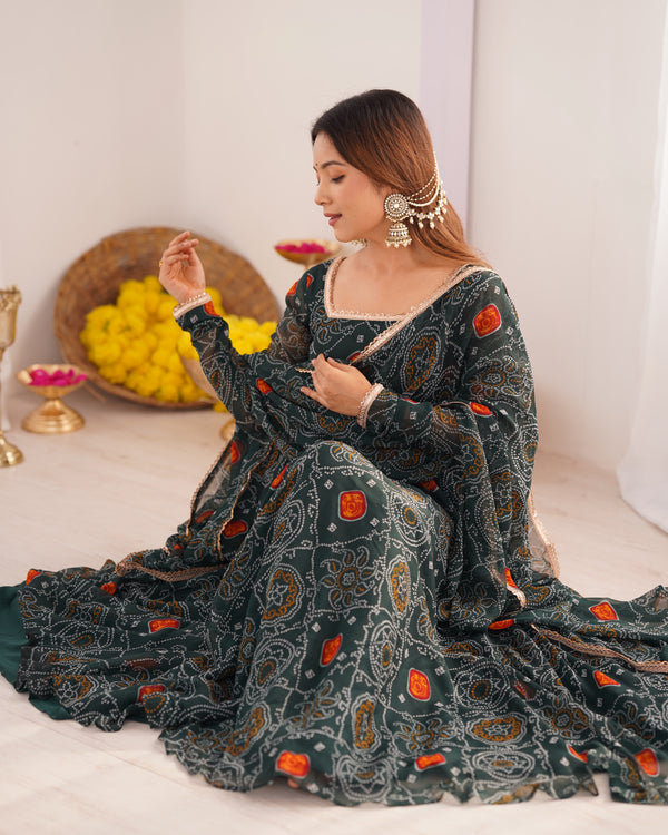Bandhej Green Soft Chiffon Forest Designer Anarkali Gown