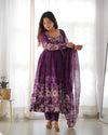 Sakura Printed Pure Soft Organza Jade Wine Anarkali Gown