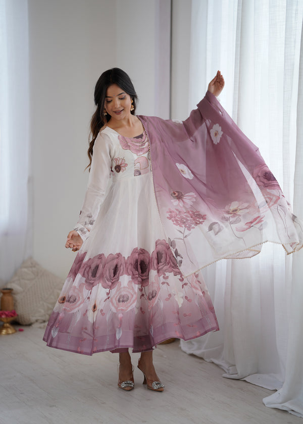 Goldy Flowers Onion Pink Organza Silk Anarkali Gown