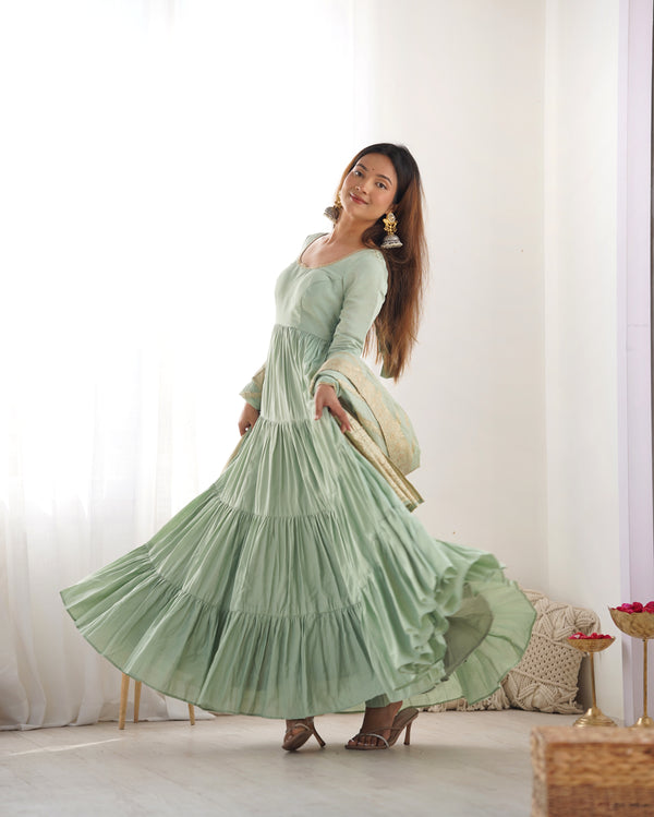 Burgundy Pista Pure Soft Roman Silk Kalamkari Anarkali Gown