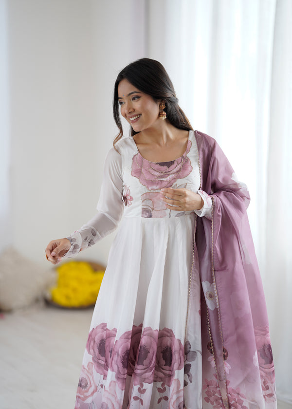 Goldy Flowers Onion Pink Organza Silk Anarkali Gown