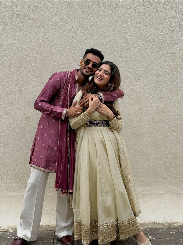 Nivya Off White Designer Embroidered Koti With Suit Set