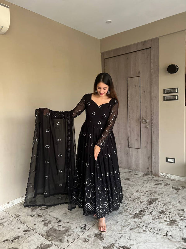 Black Embroidered Georgette Anarkali Suit Set