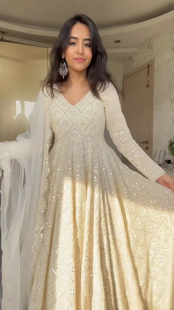 Lakhnawi Embroidered Georgette Anarkali Fully Stitched Suit Set White