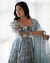 White & Sea Printed Organza Anarkali Gown