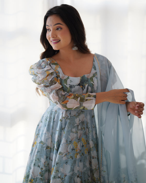 White & Sea Printed Organza Anarkali Gown