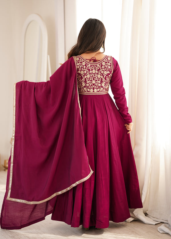 Wine Maroon Embroidered Flared Anarkali Suit Set with Dupatta