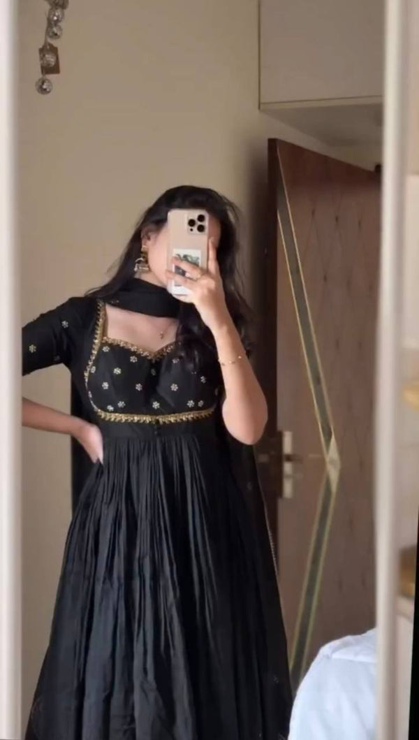 Jiya Classic Black Flared Anarkali Dress with Embroidery