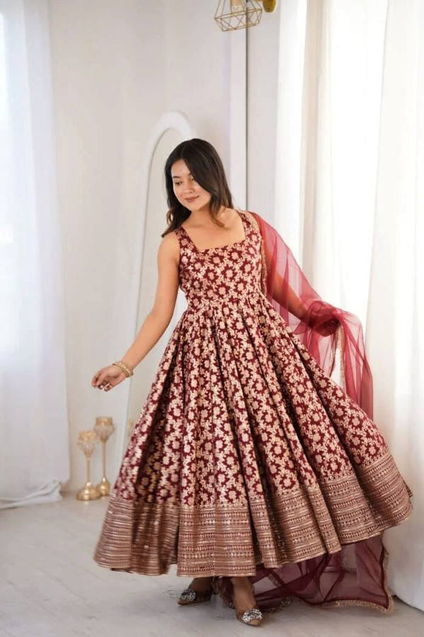 Sunshine Maroon Jacquard Anarkali Suit Set with Dupatta
