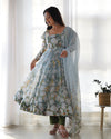 White & Sea Printed Organza Anarkali Gown