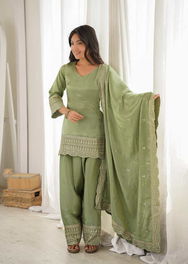 Sage Green Embroidered Kurta Set with Dupatta & Patiala Pants