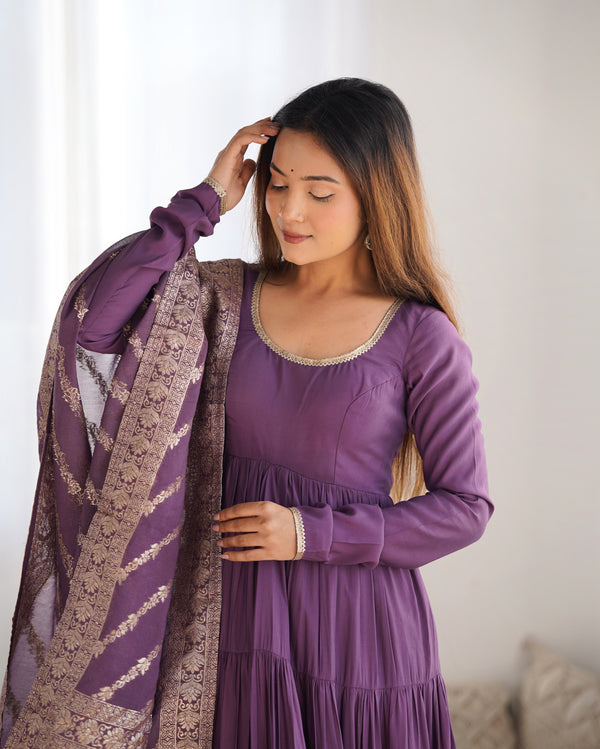Burgundy Purple Pure Soft Roman Silk Kalamkari Anarkali Gown