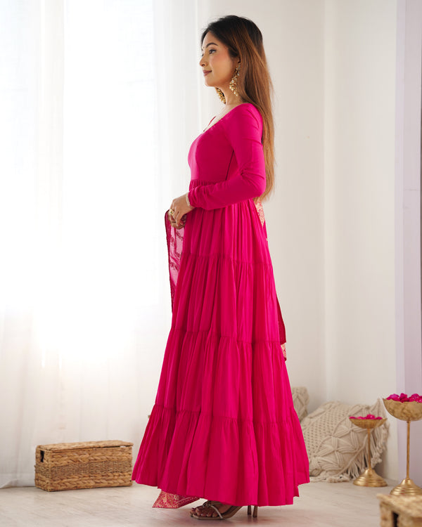 Burgundy Pink Pure Soft Roman Silk Kalamkari Anarkali Gown
