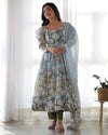 White & Sea Printed Organza Anarkali Gown