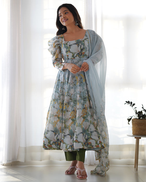 White & Sea Printed Organza Anarkali Gown