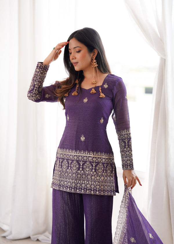 Royal Purple Embroidered Sharara Suit Set with Dupatta