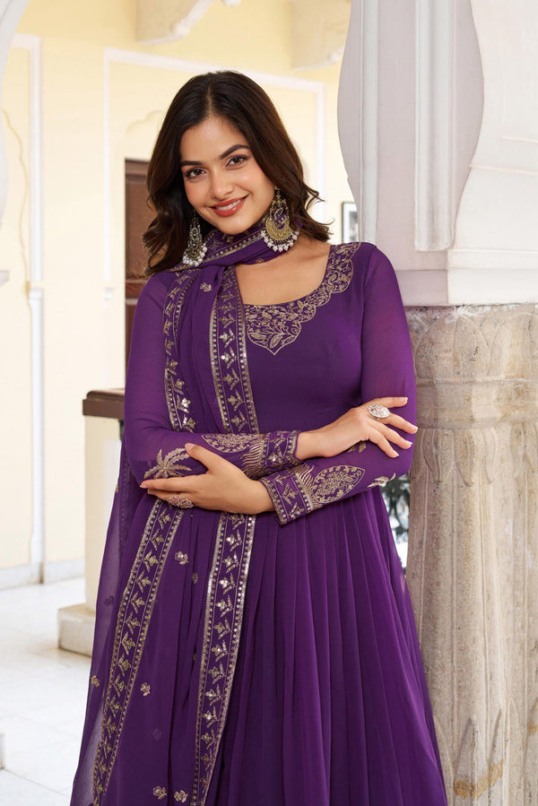 Beach Purple Faux Georgette Embroidered Suit Set