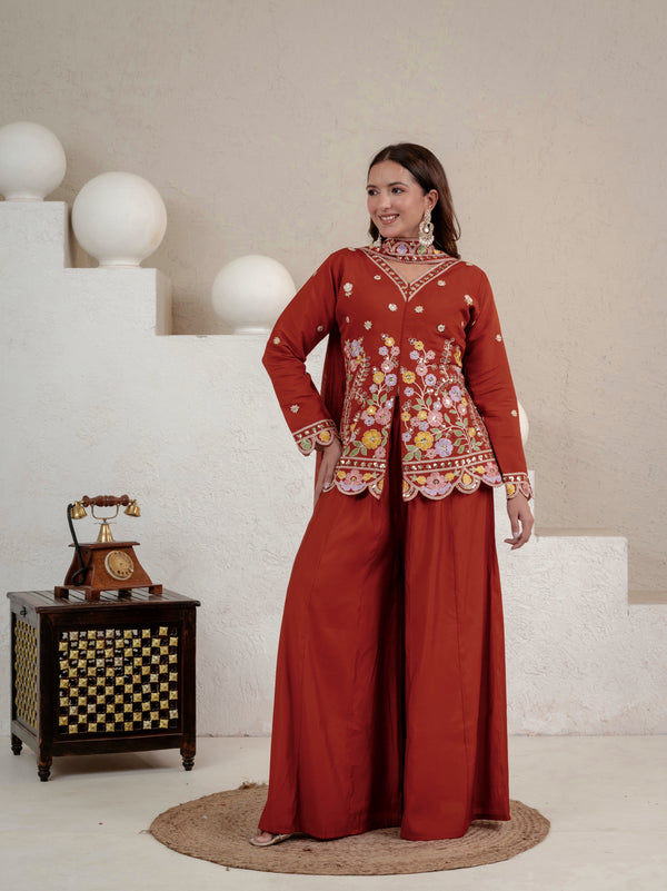 Riya Classic Rust Embroidered Ethnic Palazzo Suit Set