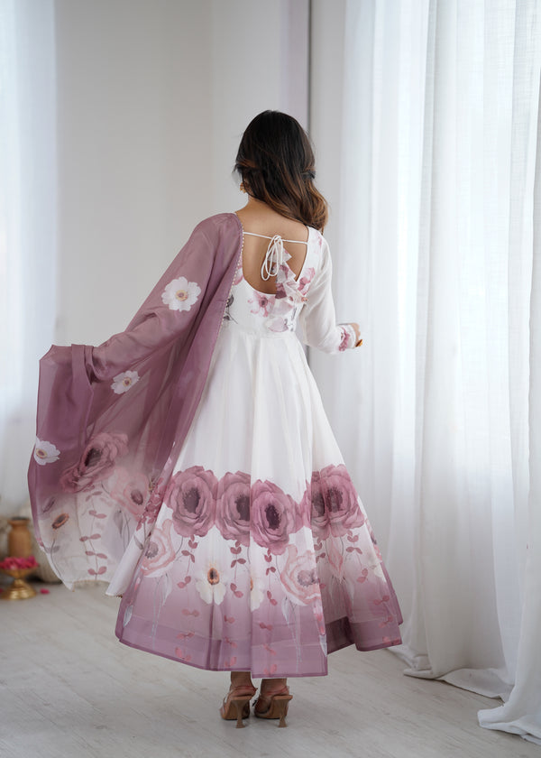 Goldy Flowers Onion Pink Organza Silk Anarkali Gown
