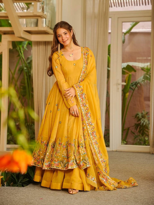 Nilam yellow Embroidered Stylish Anarkali Suit Set